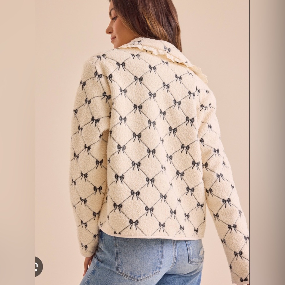 Altar'd State Cream Teddy Jacket with Black Bow Motif - Picture 4 of 8